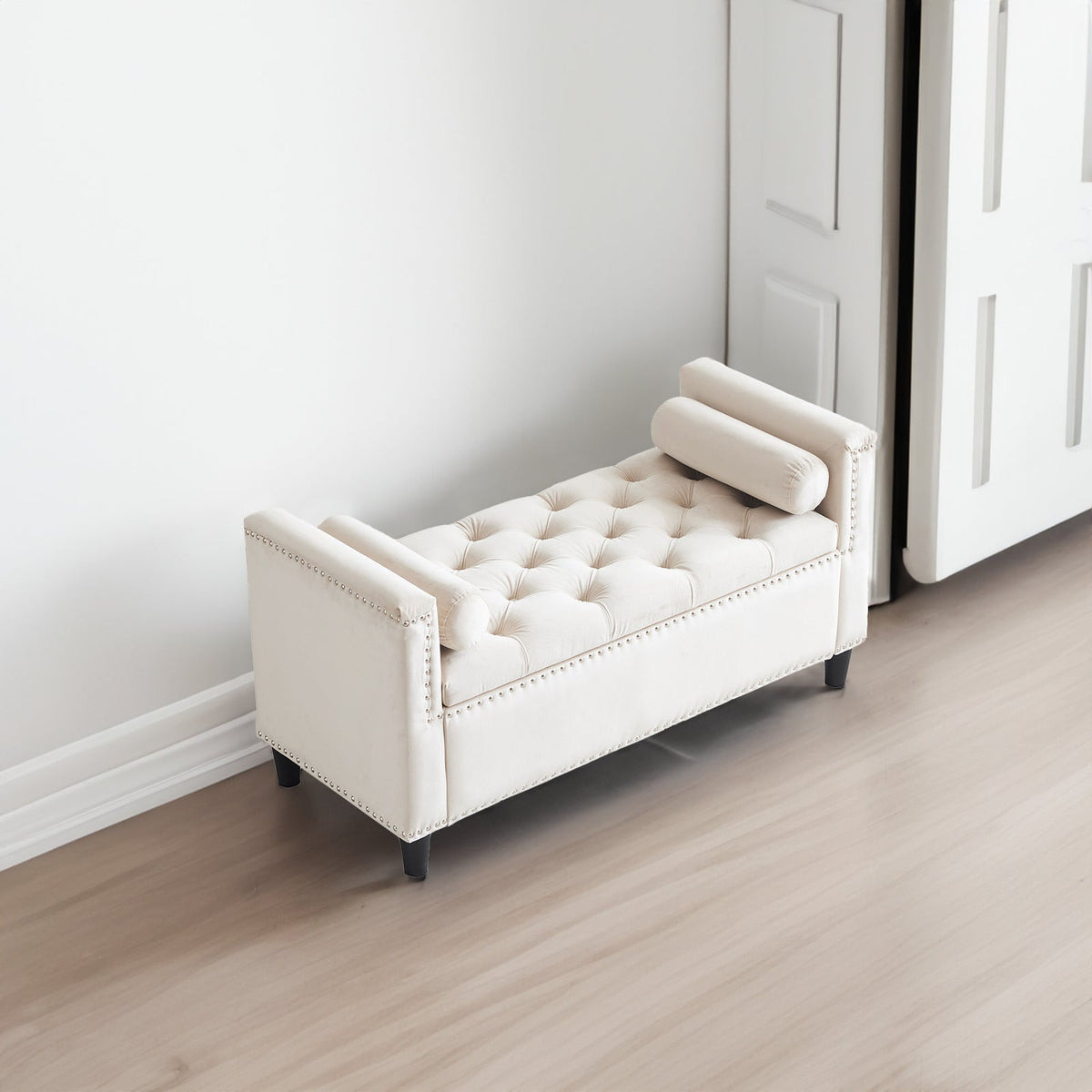 Cream Velvet Storage Bench with Nailhead Trim, 44.5