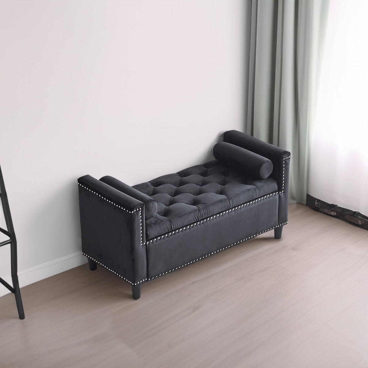 Black Velvet Storage Bench with Tufted Lift Top