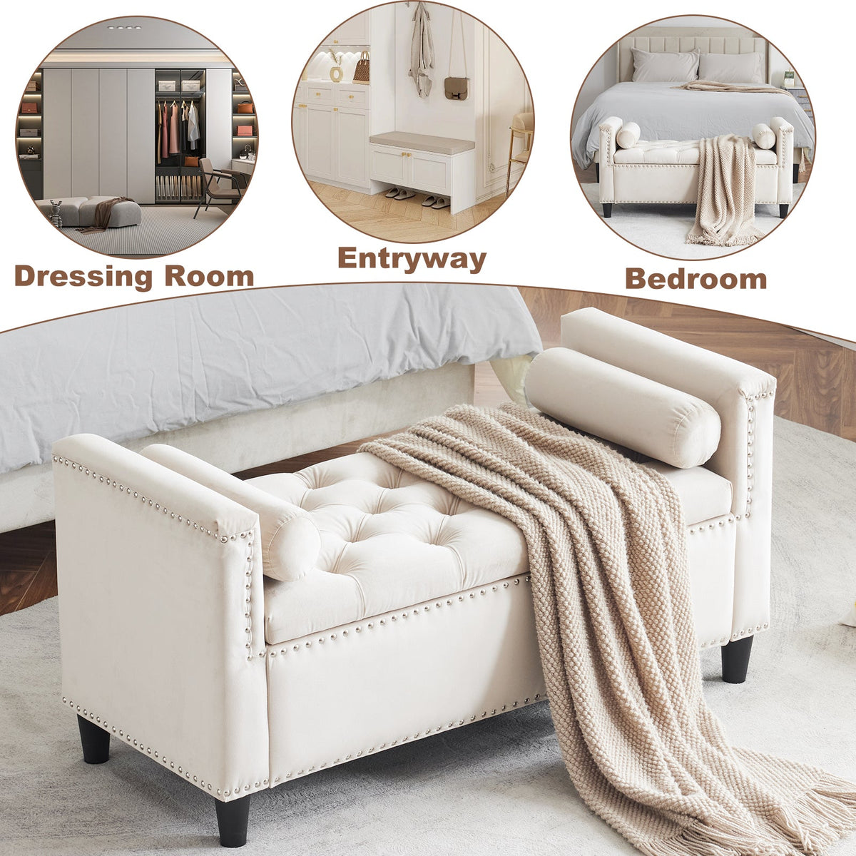 Cream Velvet Storage Bench with Nailhead Trim, 44.5