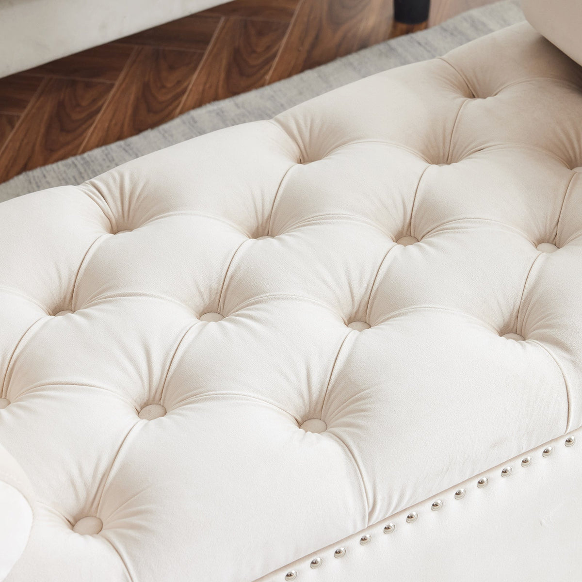 Cream Velvet Storage Bench with Nailhead Trim, 44.5