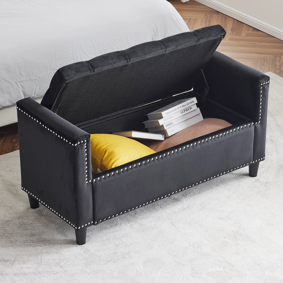 Black Velvet Storage Bench with Tufted Lift Top