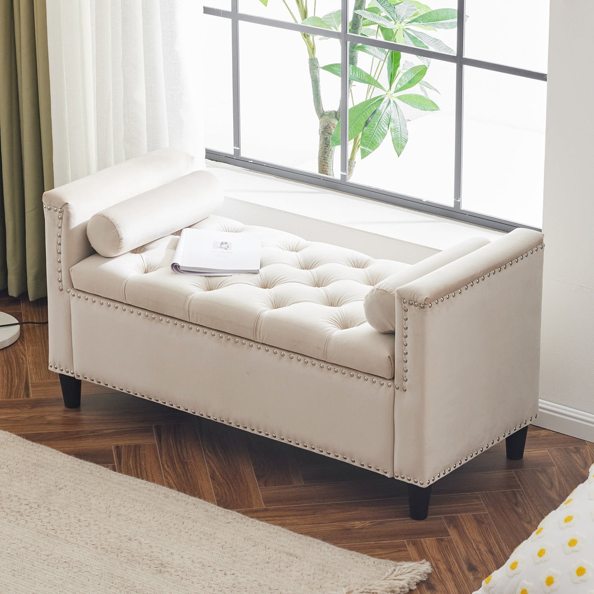 Cream Velvet Storage Bench with Nailhead Trim, 44.5