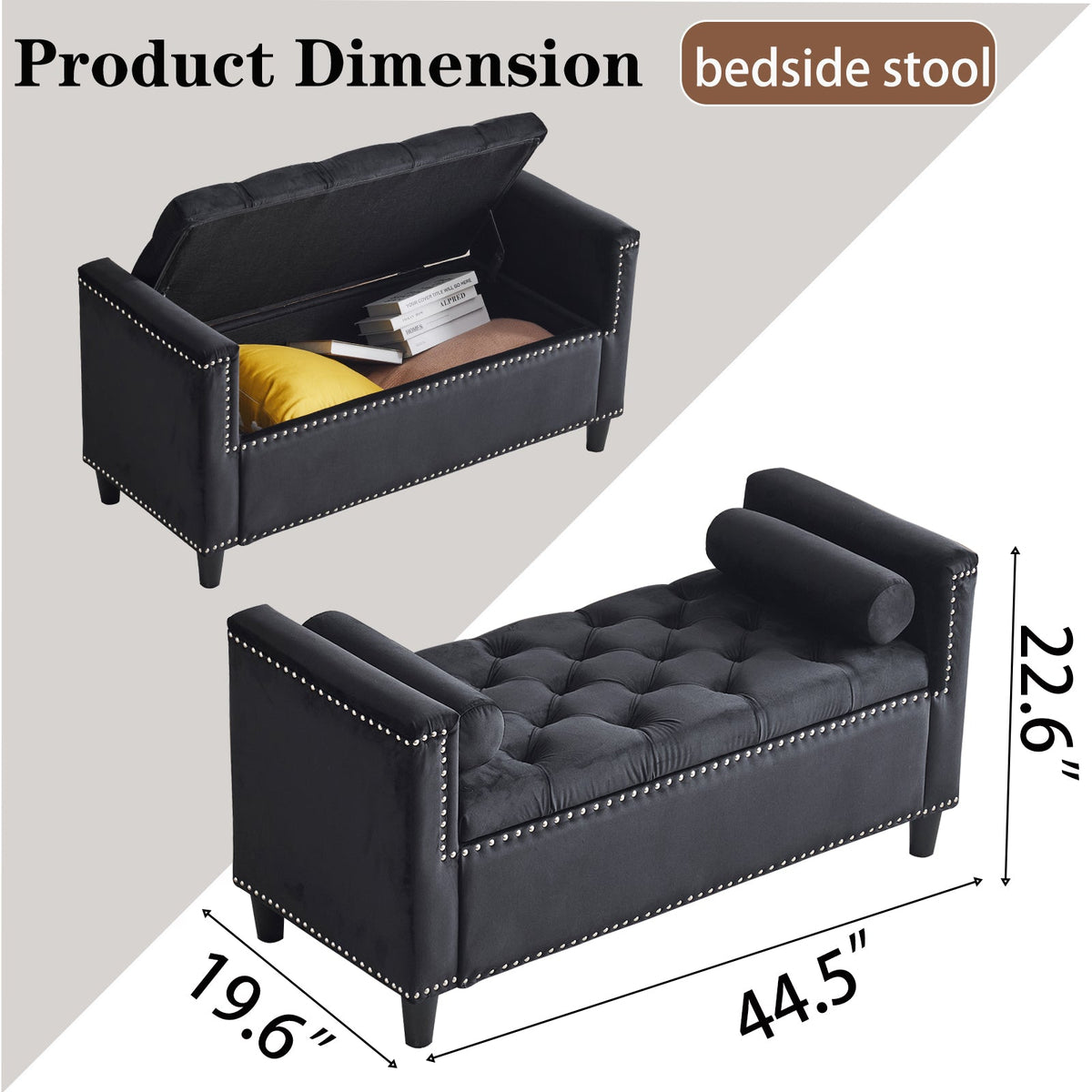Black Velvet Storage Bench with Tufted Lift Top