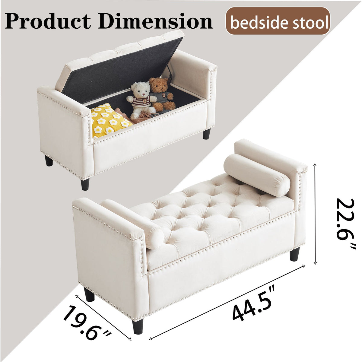Cream Velvet Storage Bench with Nailhead Trim, 44.5