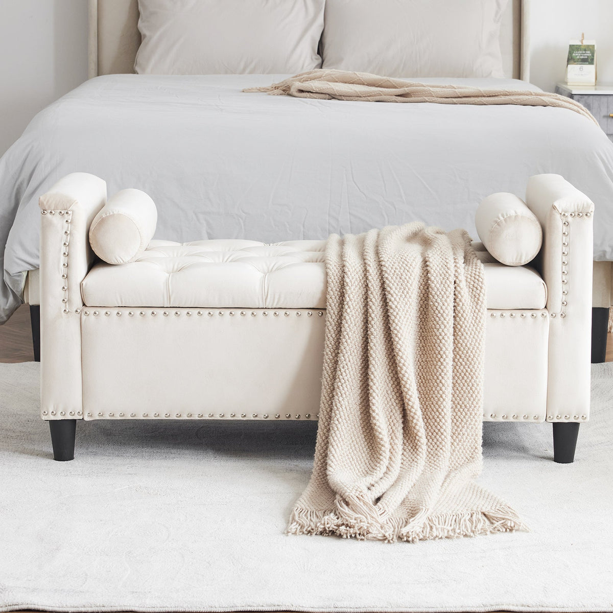Cream Velvet Storage Bench with Nailhead Trim, 44.5