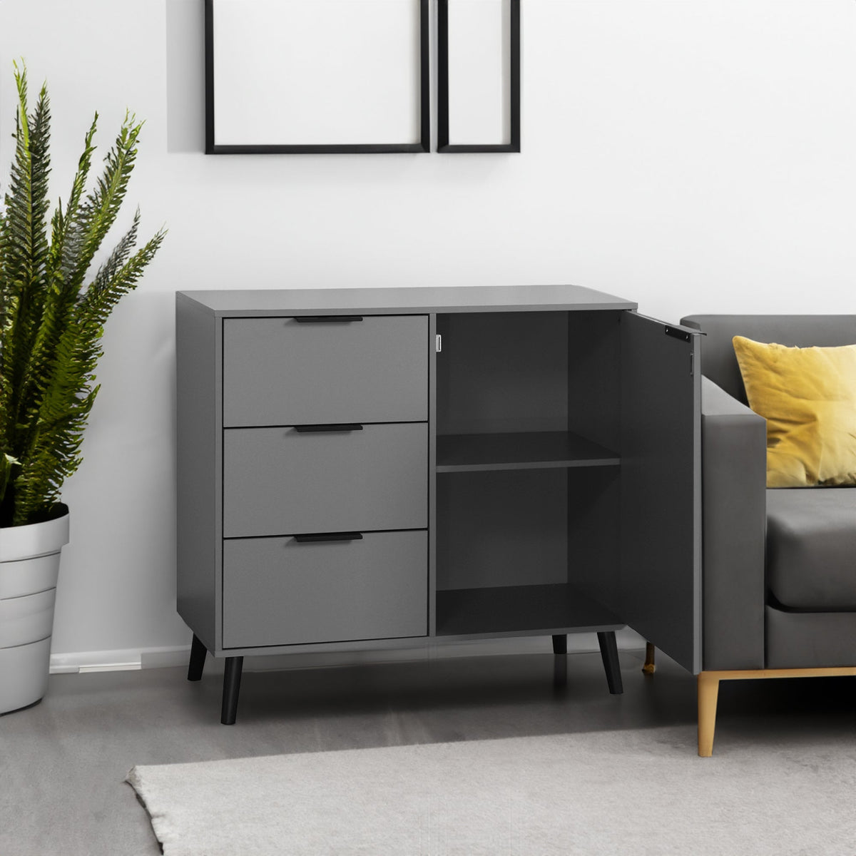 Gray Storage Cabinet with 3 Drawers, Door and Shelf