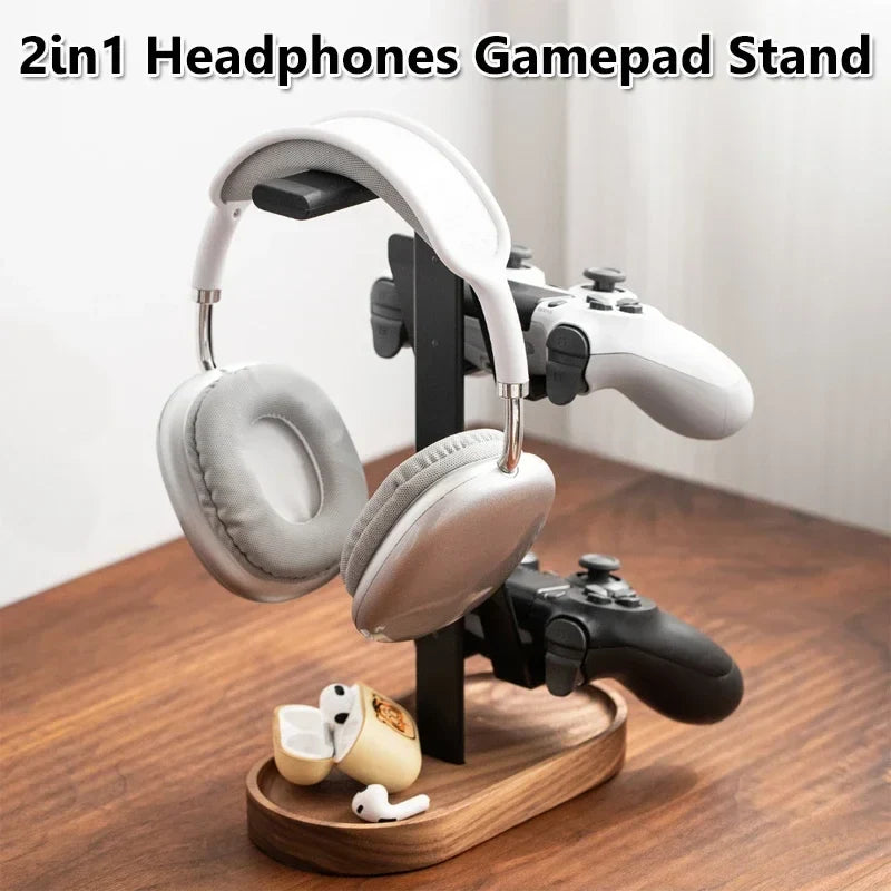 2-in-1 Headphone & Controller Stand, Walnut Aluminum
