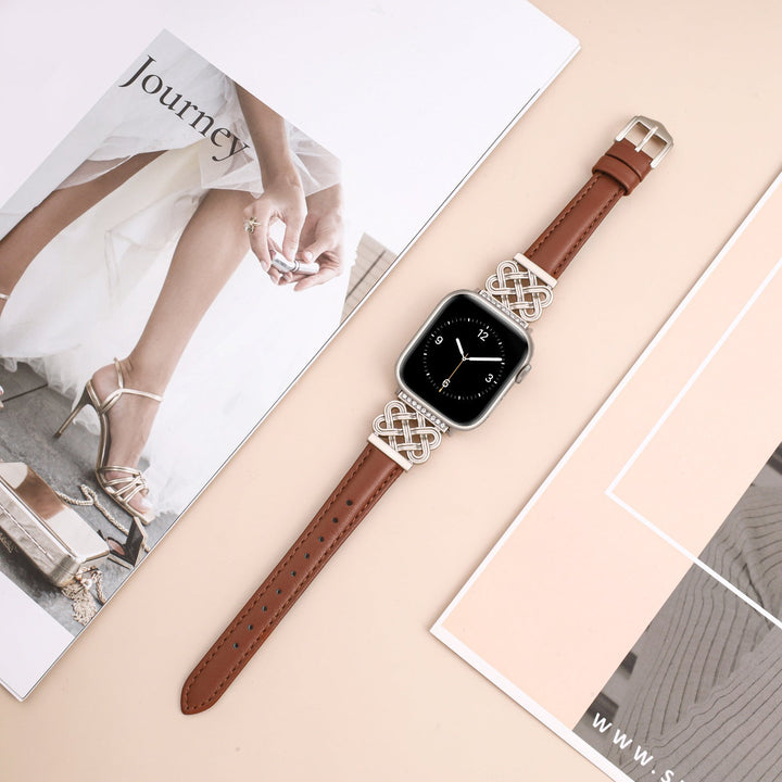 Slim Leather Apple Watch Band with Crystal Knot Design