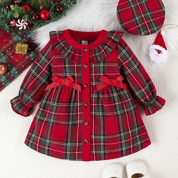 Girls Plaid Christmas Dress With Matching Party Hat