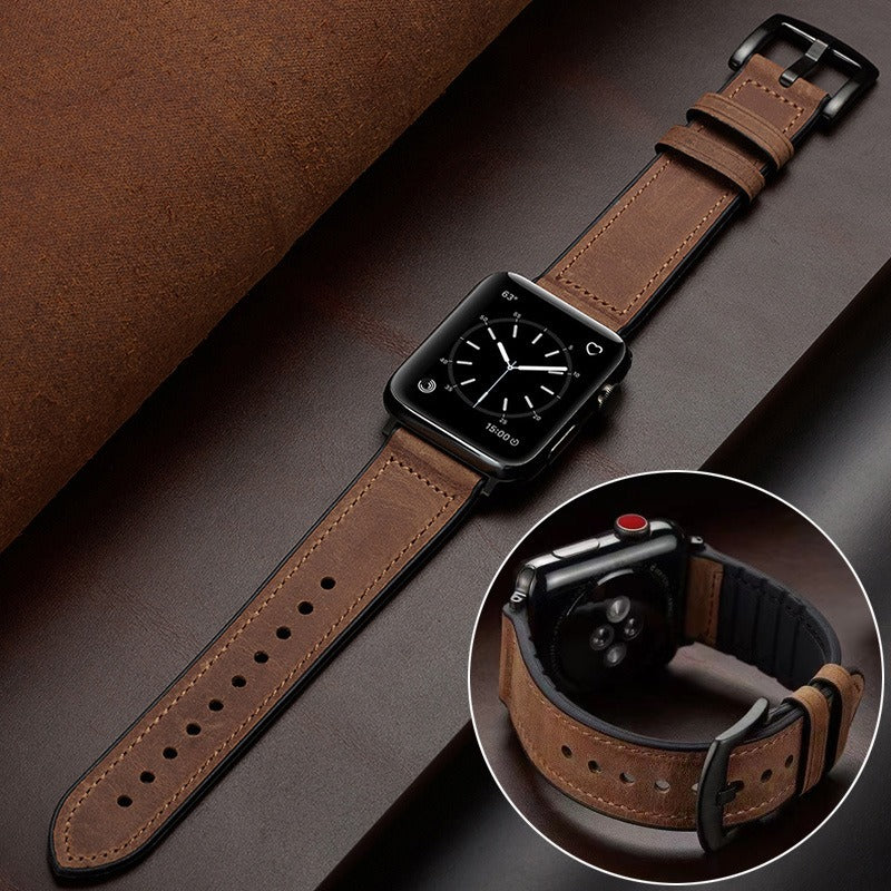 Crazy Horse Leather Apple Watch Band with Silicone Lining