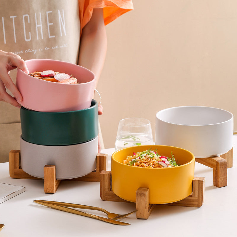 Elevated Ceramic Bowl With Wood Stand, Pet or Kitchen