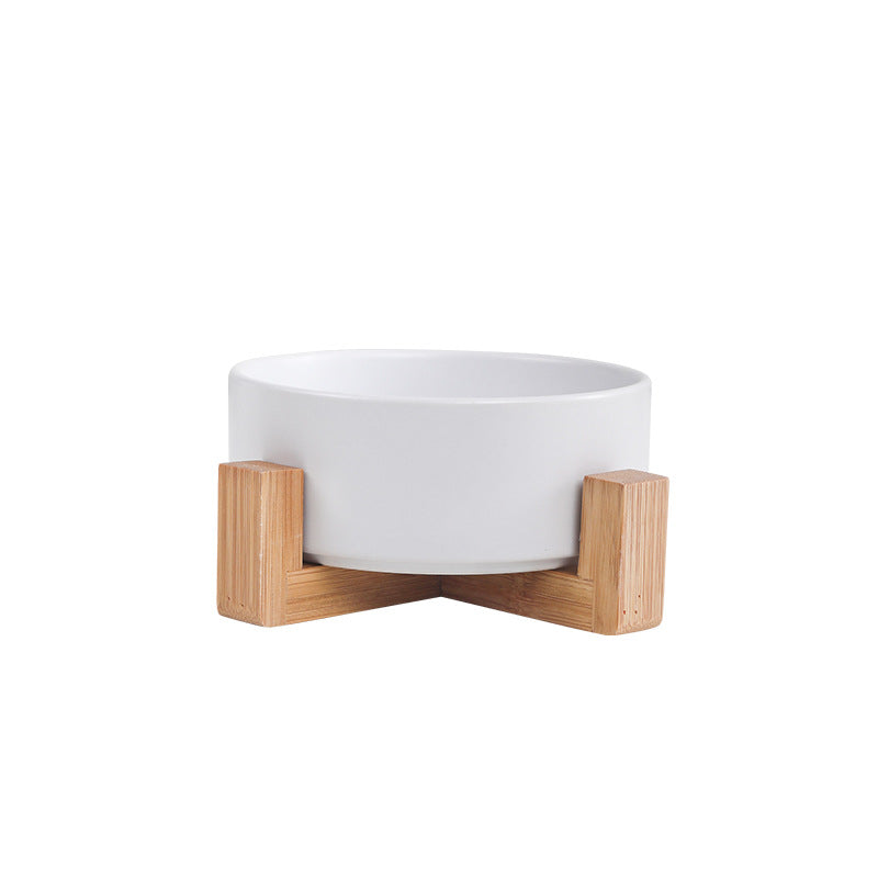 Elevated Ceramic Bowl With Wood Stand, Pet or Kitchen