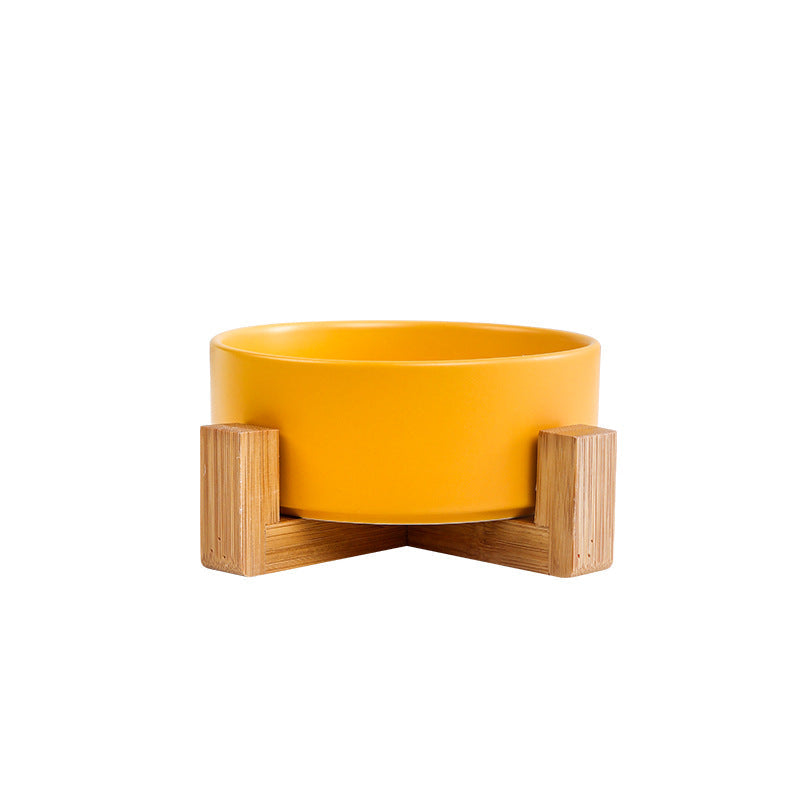 Elevated Ceramic Bowl With Wood Stand, Pet or Kitchen