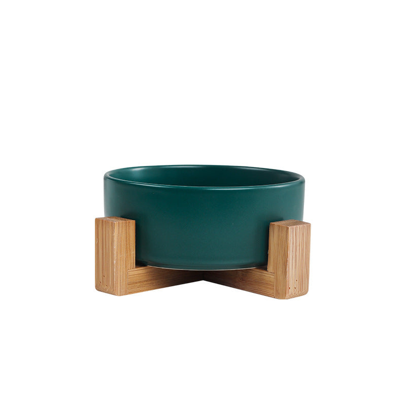 Elevated Ceramic Bowl With Wood Stand, Pet or Kitchen