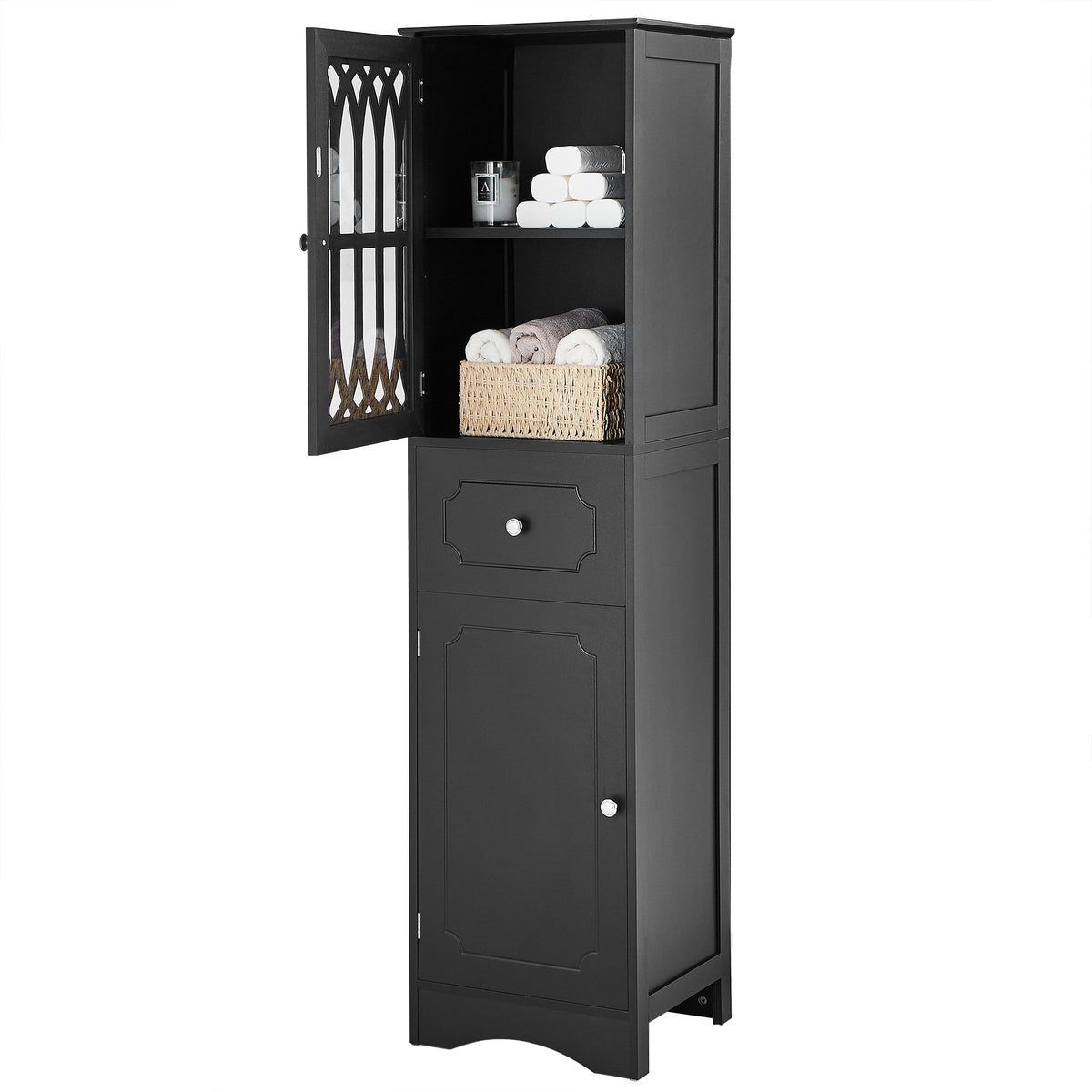 Tall Bathroom Cabinet with Drawer, Doors & Adjustable Shelf