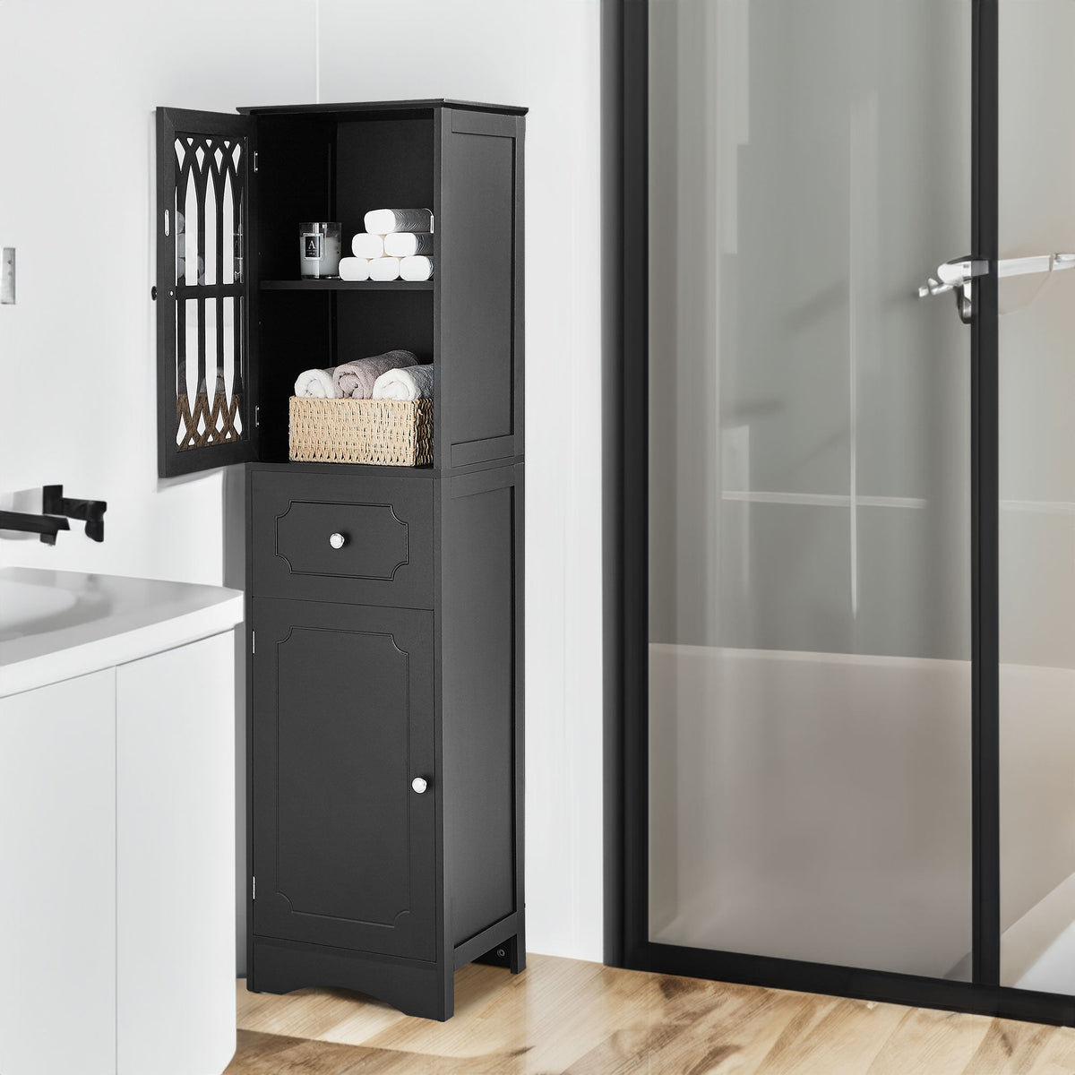 Tall Bathroom Cabinet with Drawer, Doors & Adjustable Shelf