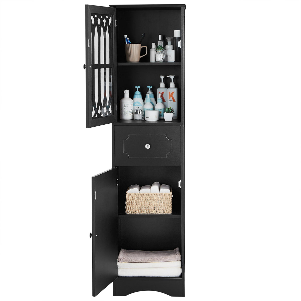 Tall Bathroom Cabinet with Drawer, Doors & Adjustable Shelf