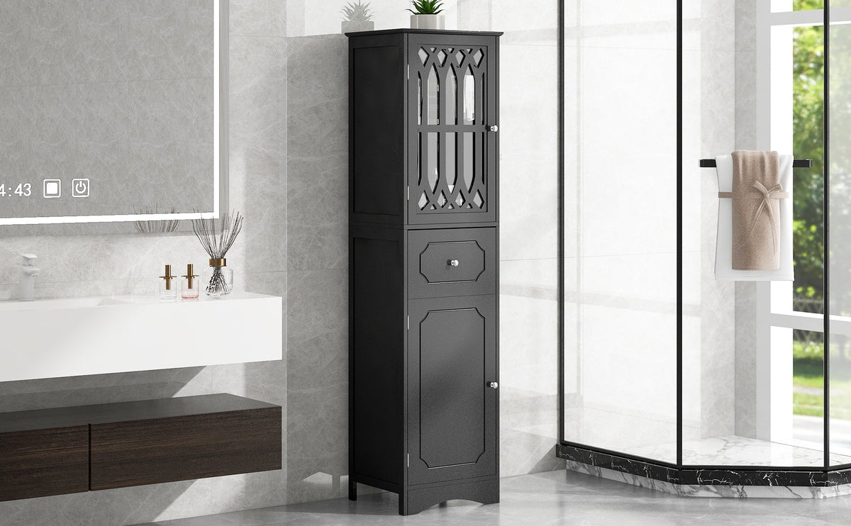 Tall Bathroom Cabinet with Drawer, Doors & Adjustable Shelf