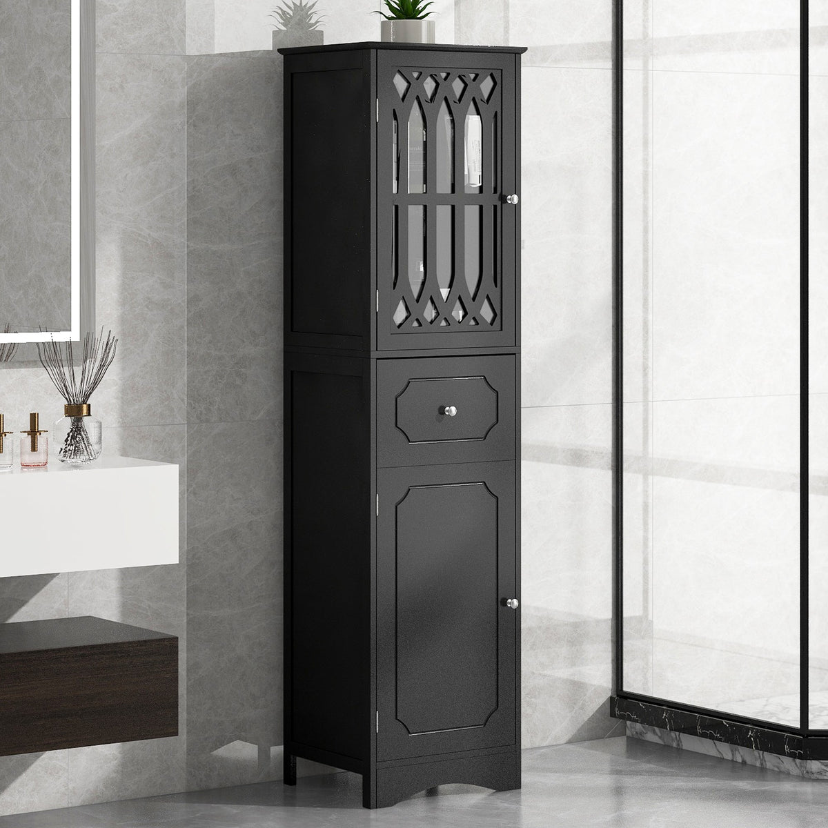 Tall Bathroom Cabinet with Drawer, Doors & Adjustable Shelf