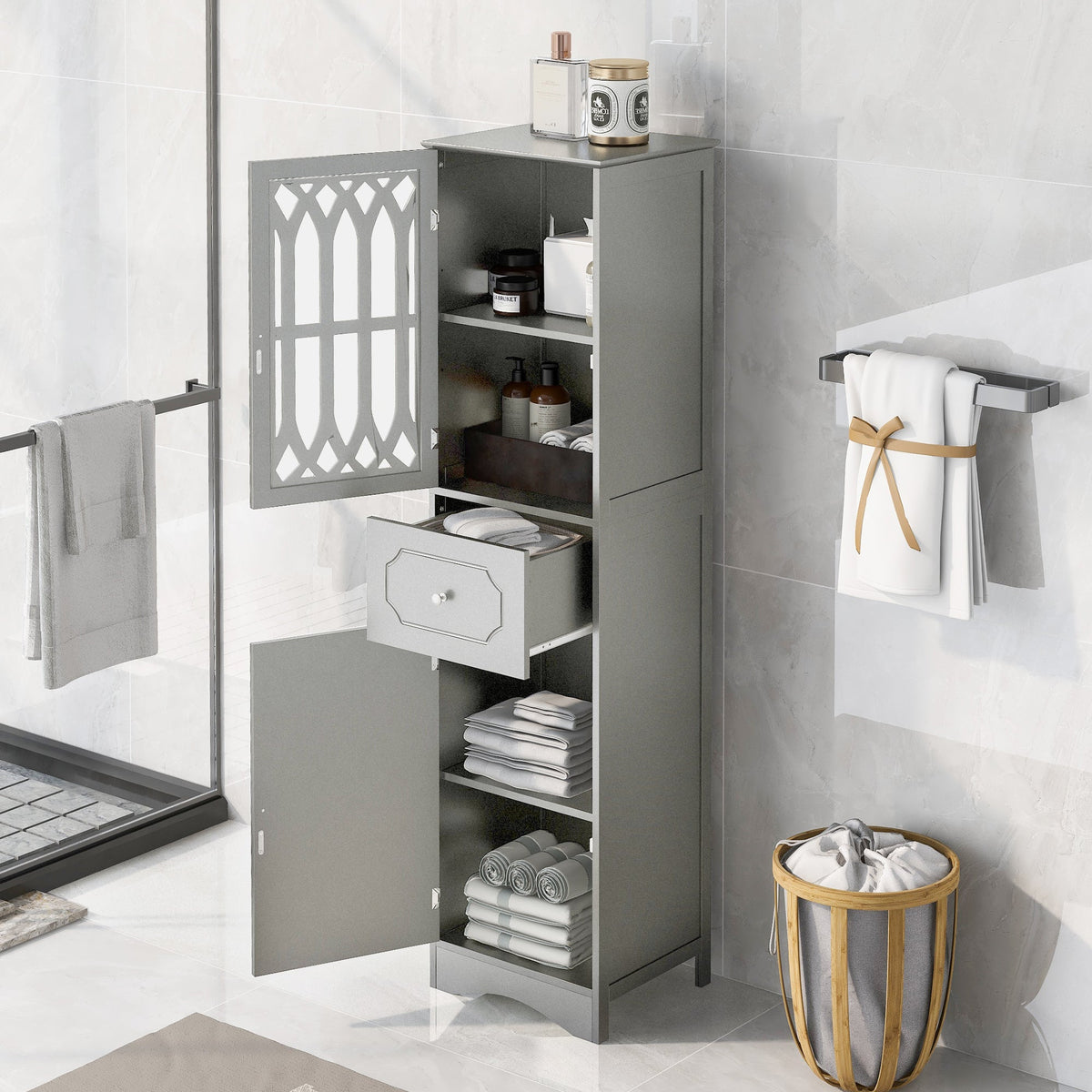 Tall Bathroom Cabinet with Drawer and Adjustable Shelf