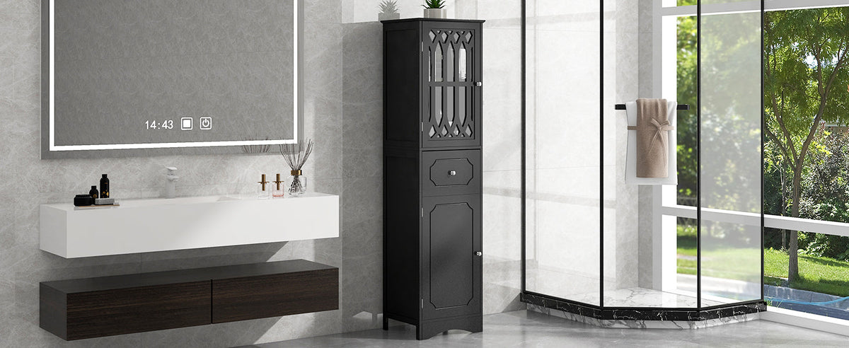 Tall Bathroom Cabinet with Drawer, Doors & Adjustable Shelf
