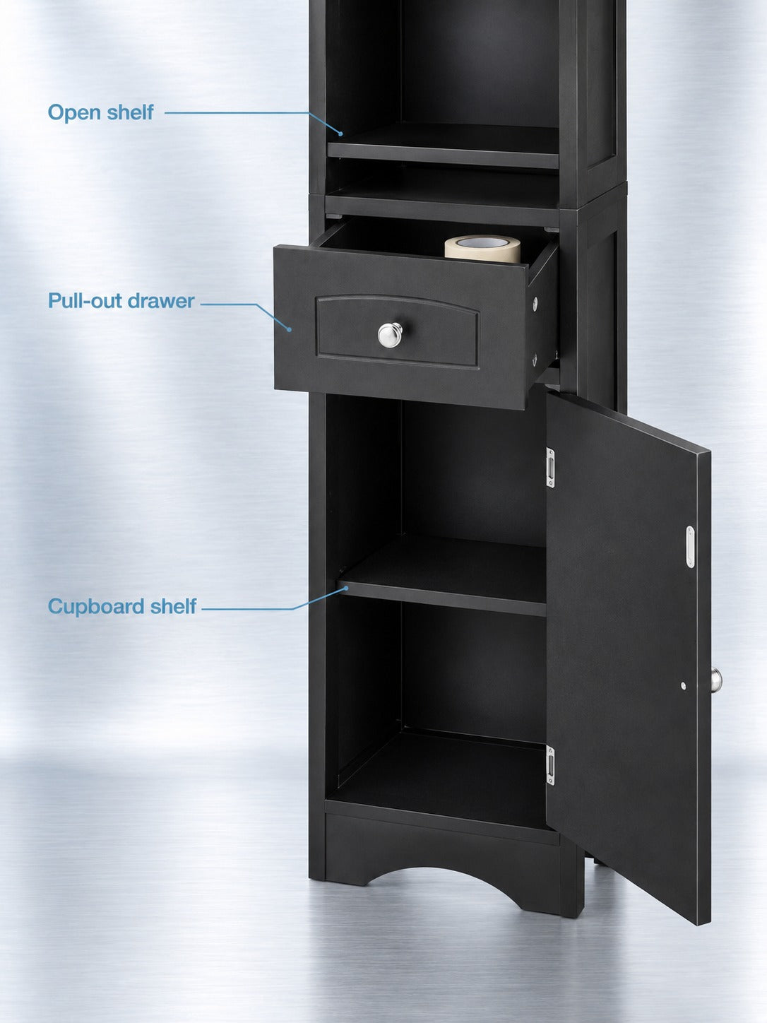 Tall Bathroom Cabinet with Drawer, Slim Black Storage