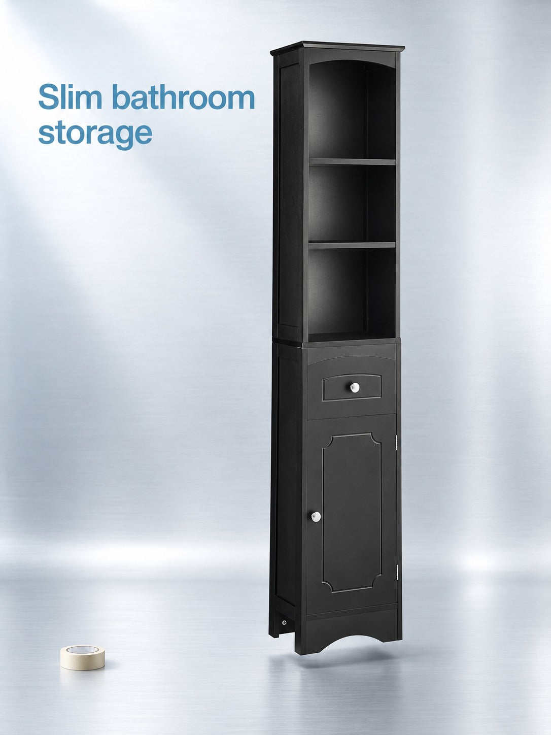 Tall Bathroom Cabinet with Drawer, Slim Black Storage
