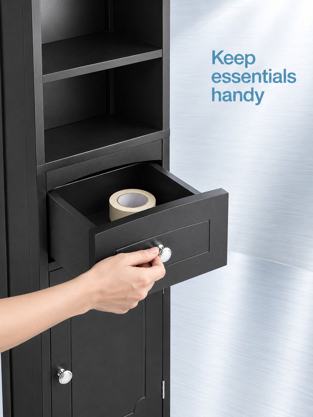 Tall Bathroom Cabinet with Drawer, Slim Black Storage