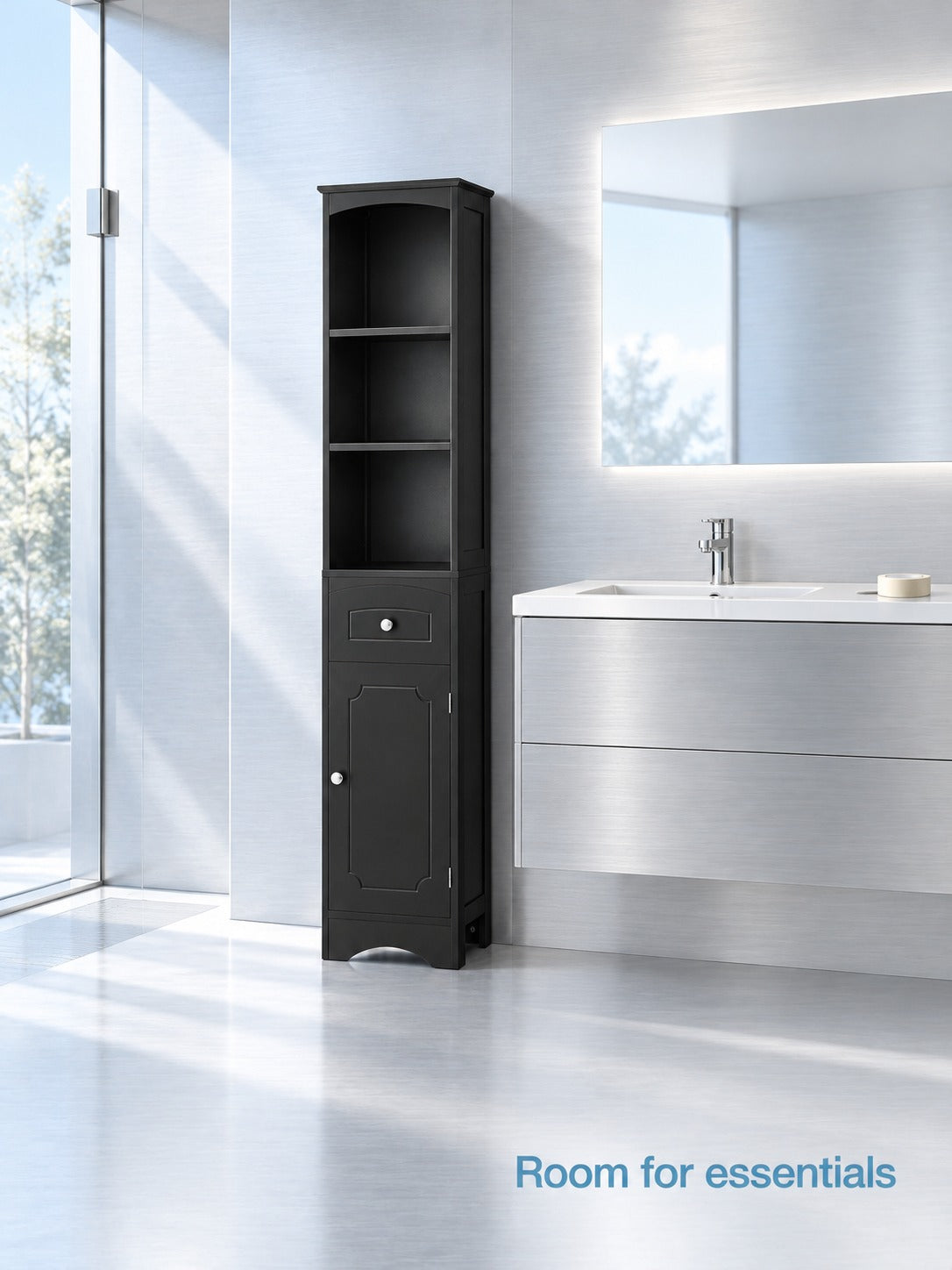 Tall Bathroom Cabinet with Drawer, Slim Black Storage