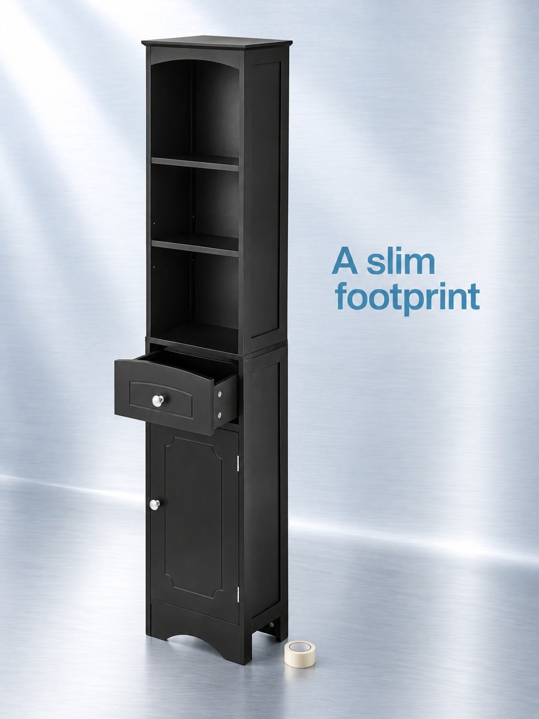 Tall Bathroom Cabinet with Drawer, Slim Black Storage