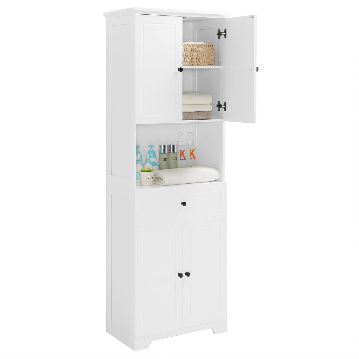 Tall Bathroom Storage Cabinet with Doors and Open Shelf