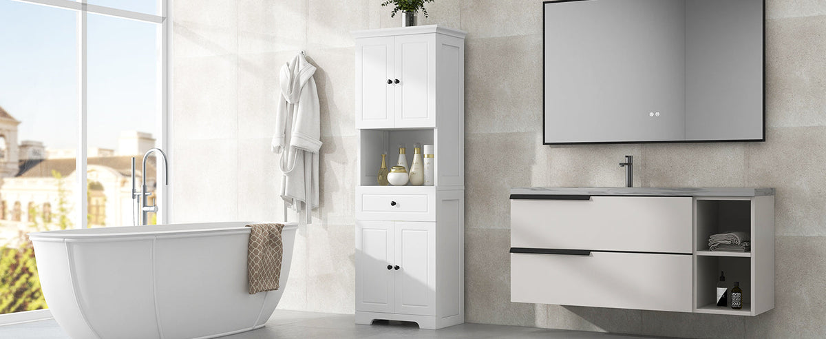 Tall Bathroom Storage Cabinet with Doors and Open Shelf