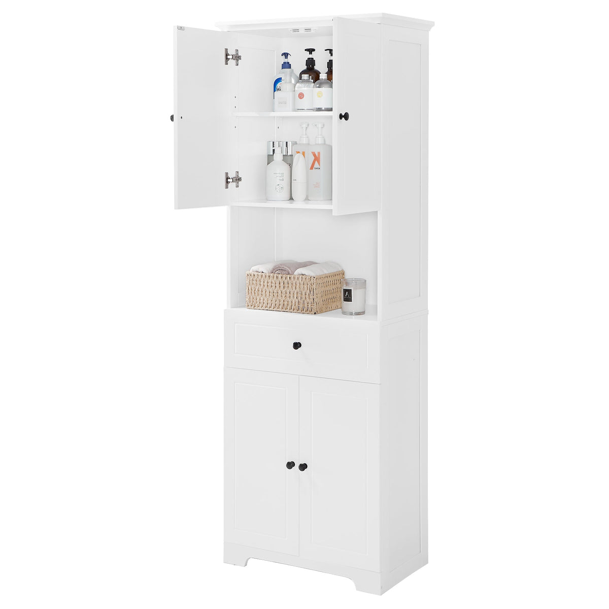 Tall Bathroom Storage Cabinet with Doors and Open Shelf