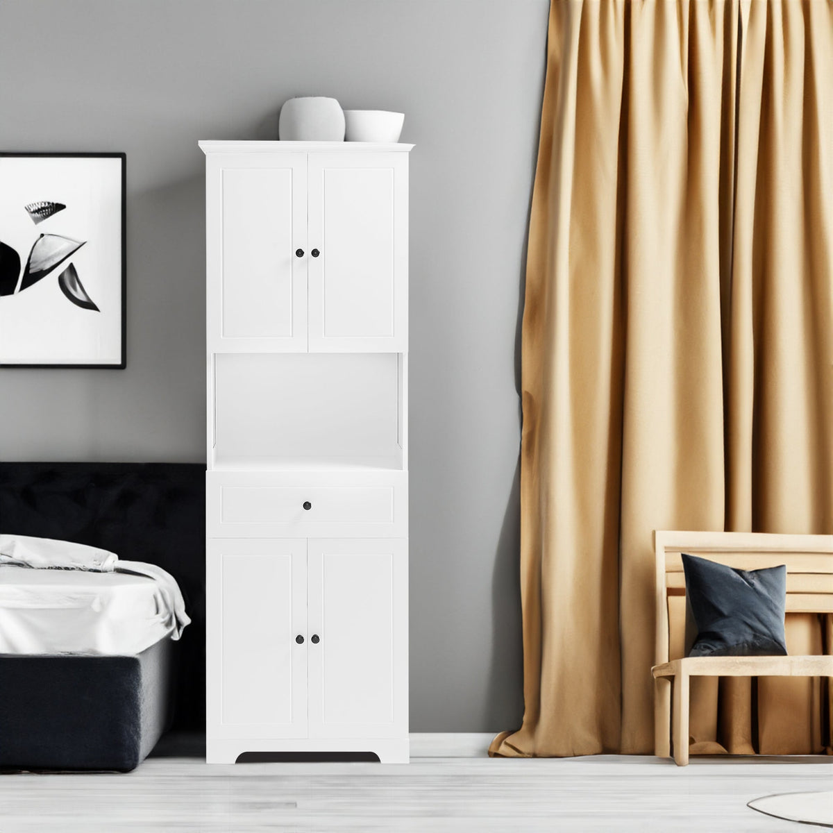 Tall Bathroom Storage Cabinet with Doors and Open Shelf