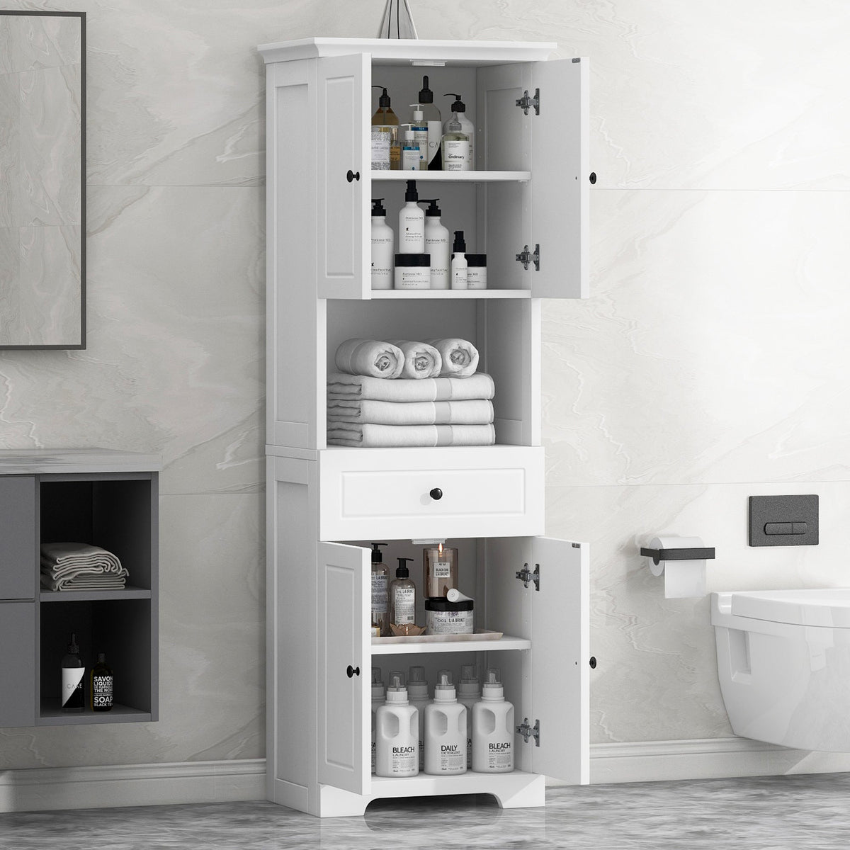 Tall Bathroom Storage Cabinet with Doors and Open Shelf