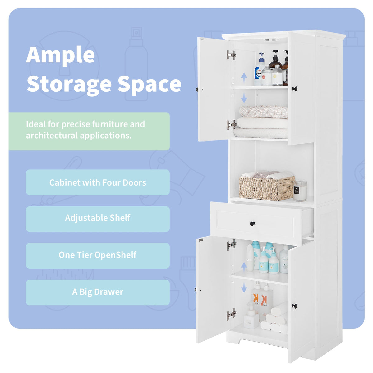 Tall Bathroom Storage Cabinet with Doors and Open Shelf