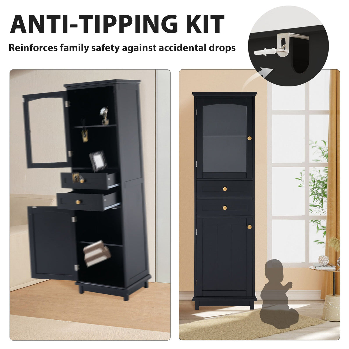 Tall Bathroom Storage Cabinet with Glass Door and Drawers