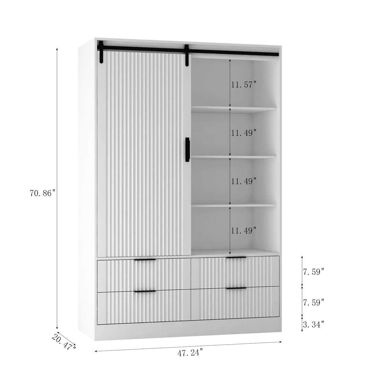 Tall White Bedroom Armoire with Hanging Rod and Drawers