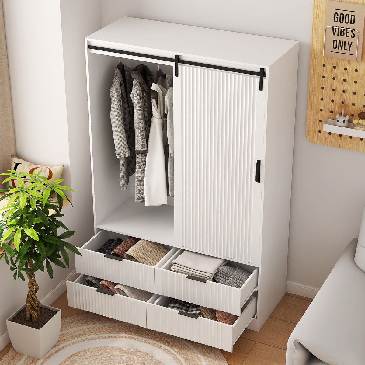 Tall White Bedroom Armoire with Hanging Rod and Drawers
