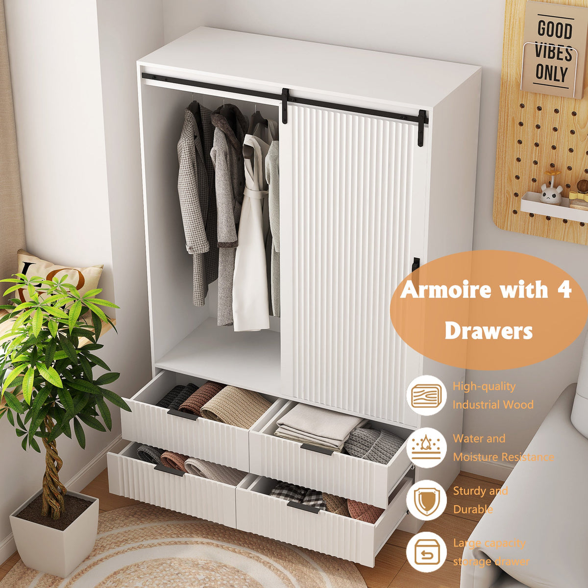 Tall White Bedroom Armoire with Hanging Rod and Drawers
