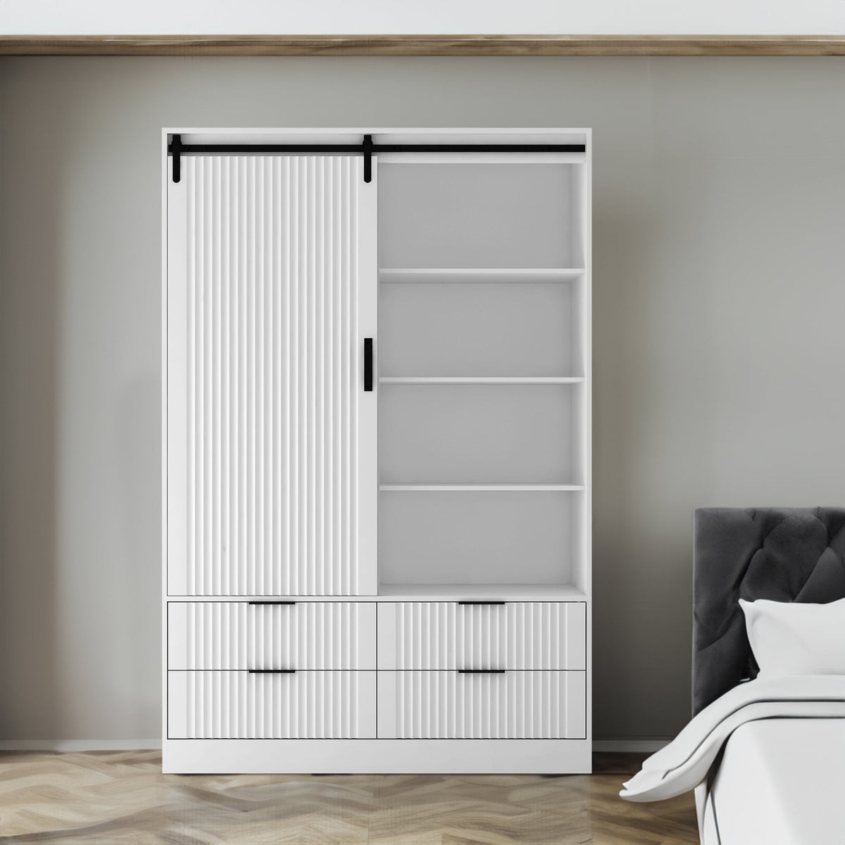 Tall White Bedroom Armoire with Hanging Rod and Drawers