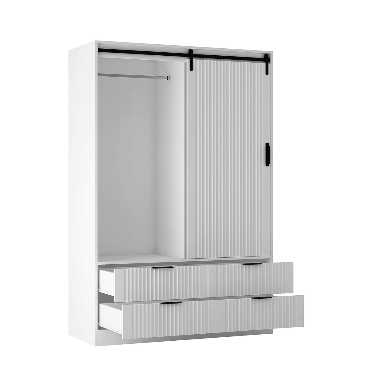 Tall White Bedroom Armoire with Hanging Rod and Drawers
