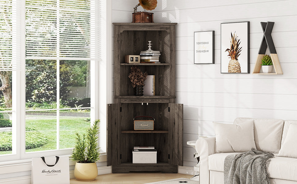 Tall Corner Cabinet with Doors and Display Storage