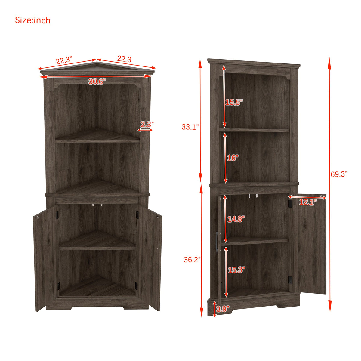 Tall Corner Cabinet with Doors and Display Storage
