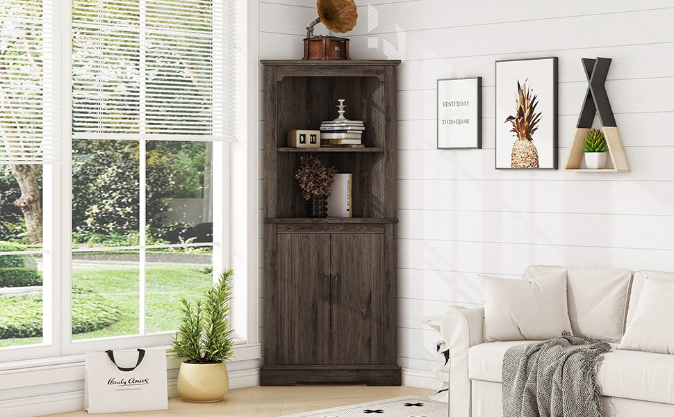 Tall Corner Cabinet with Doors and Display Storage