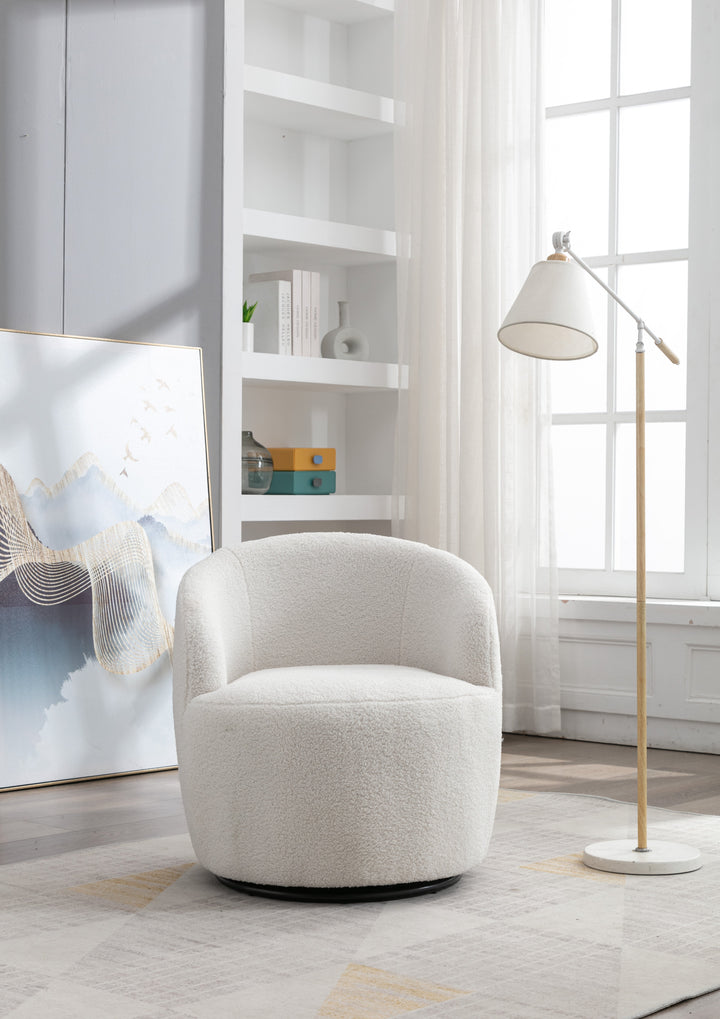 Ivory Boucle Swivel Accent Armchair, Cozy Barrel Back