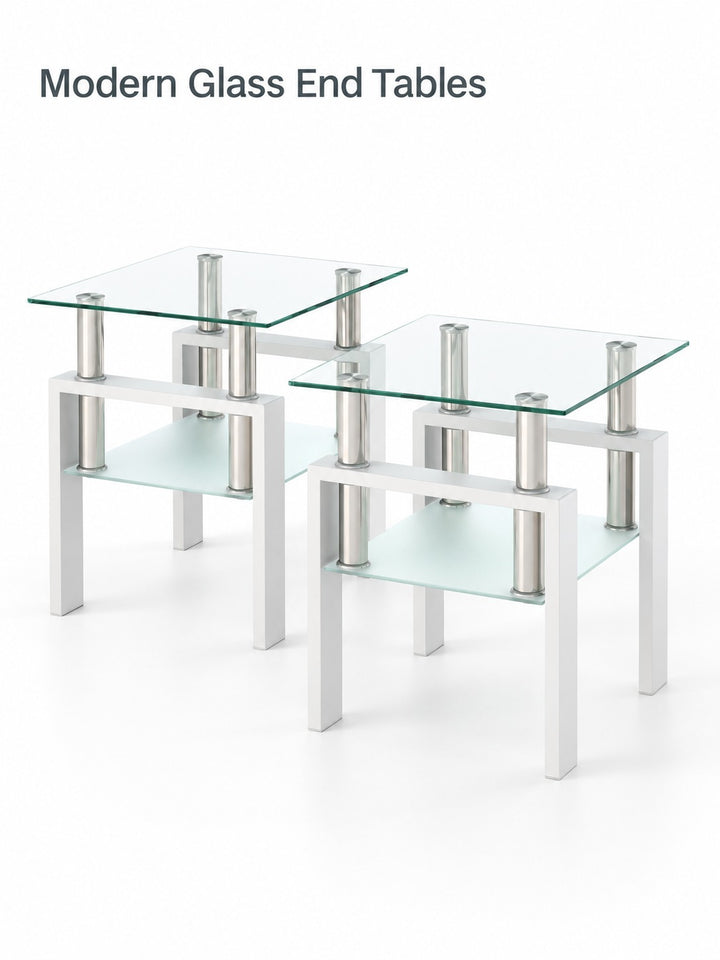 Modern Tempered Glass End Tables Set of 2 for Living Room