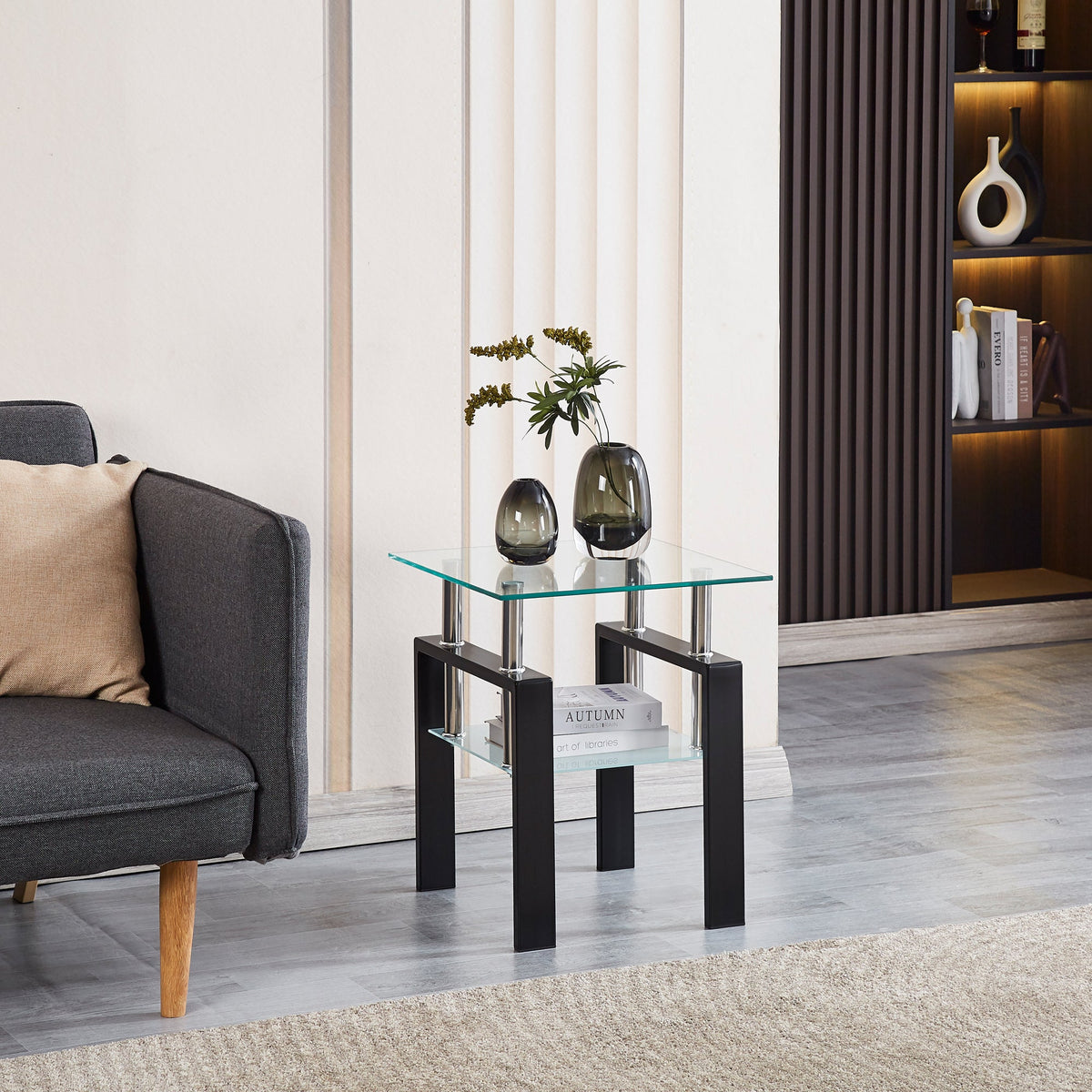 Tempered Glass End Table with Storage Shelf for Living Room