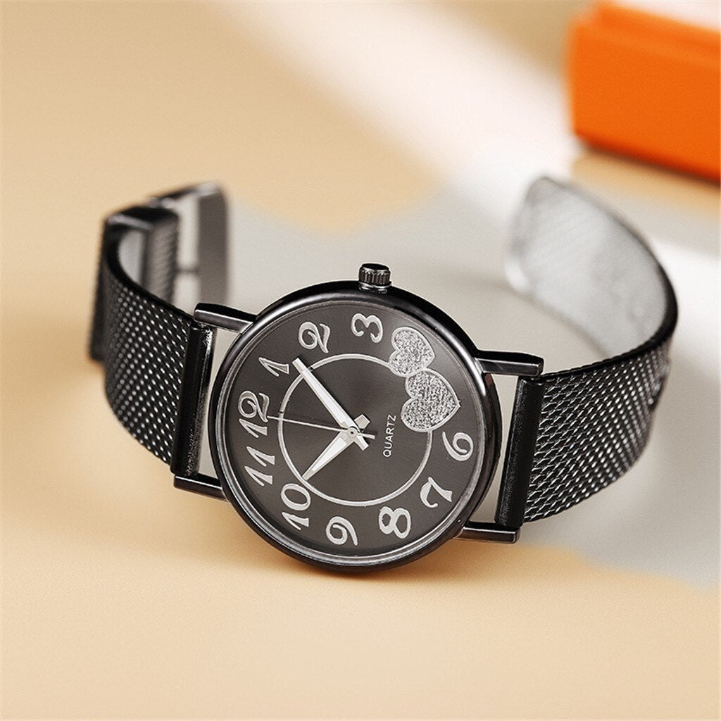 Women's Mesh Belt Watch with Sparkly Heart Dial Gift