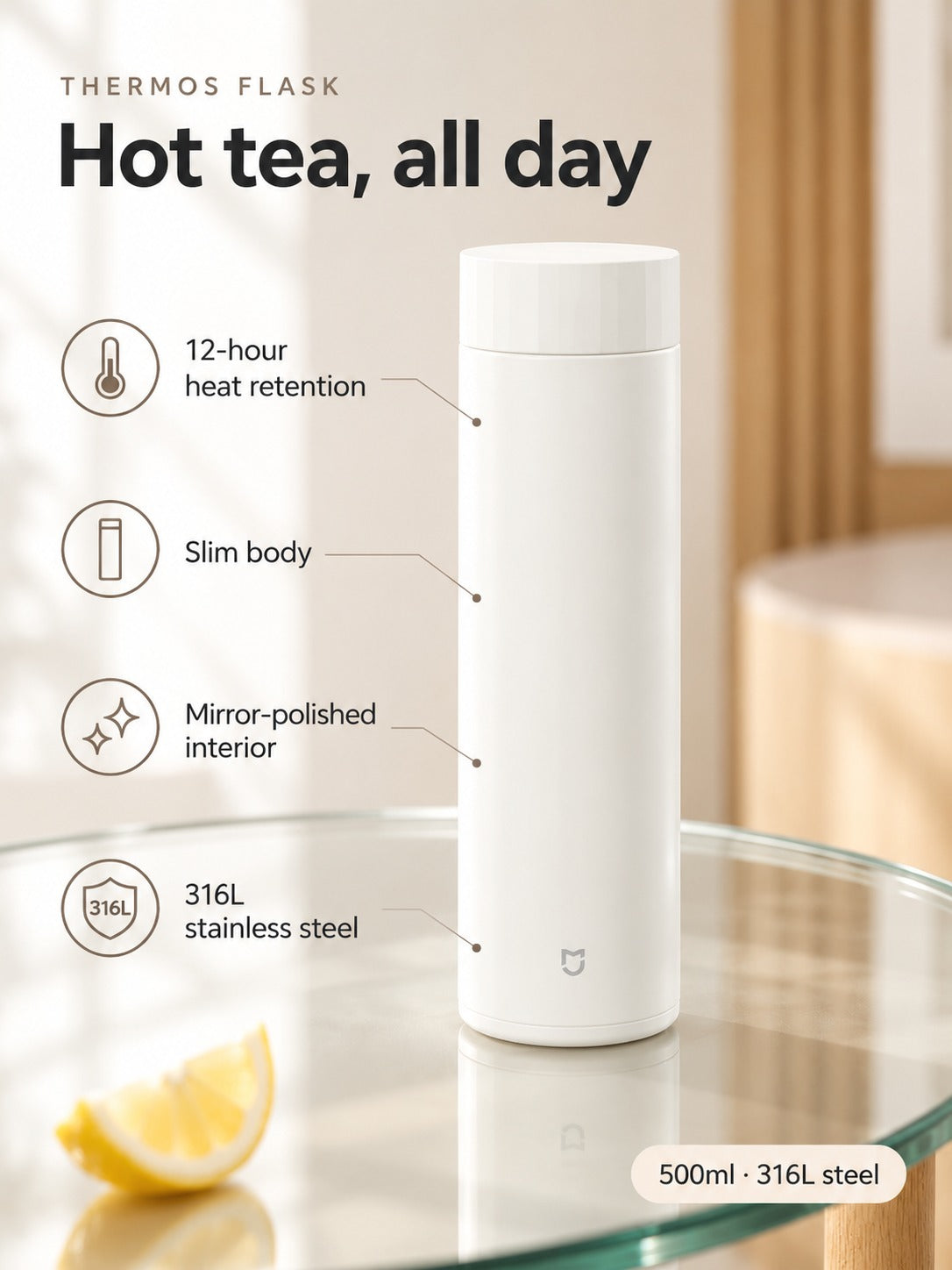 Thermos Flask 500ml Stainless Steel, Keeps Warm 12 Hours
